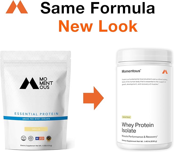 Momentous Essential Grass-Fed Whey Protein Powder - 20g Whey Isolate Protein - NSF Certified, Gluten-Free, 24 Servings for Essential Everyday Use, Vanilla (Package May Vary)