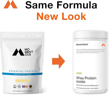 Momentous Essential Grass-Fed Whey Protein Powder - 20g Whey Isolate Protein - NSF Certified, Gluten-Free, 24 Servings for Essential Everyday Use, Vanilla (Package May Vary)