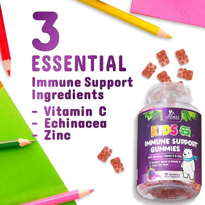 Kids Immune Support Gummy - Vitamin C, Zinc & Echinacea, Daily Children's Immune Support Gummies for Kids Ages 4 and Up, Nature's Vitamins for Kids, Vegan & Non-GMO, Natural Berry Flavor - 90 Gummies