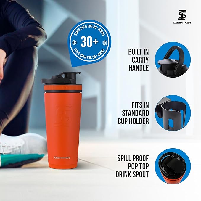 Ice Shaker Insulated Stainless Steel Shaker Bottle | 26oz, Orange | Cold for 30+ Hours | Insulated Cup with Twist-on Agitator | Odor-Free Shaker Cup for Protein Shakes, Water, Smoothies, Cocktails