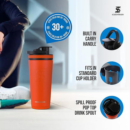 Ice Shaker Insulated Stainless Steel Shaker Bottle | 26oz, Orange | Cold for 30+ Hours | Insulated Cup with Twist-on Agitator | Odor-Free Shaker Cup for Protein Shakes, Water, Smoothies, Cocktails