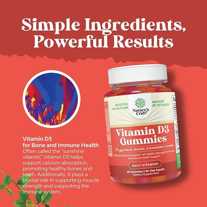 Vitamin D3 Gummies for Daily Wellness - Delicious Vitamin D Gummies for Adults with Vitamin D3 2000IU per Serving for Bone Muscle & Immune Support - Non-GMO Gelatin & Gluten Free (30 Day Supply)