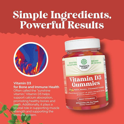 Vitamin D3 Gummies for Daily Wellness - Delicious Vitamin D Gummies for Adults with Vitamin D3 2000IU per Serving for Bone Muscle & Immune Support - Non-GMO Gelatin & Gluten Free (30 Day Supply)