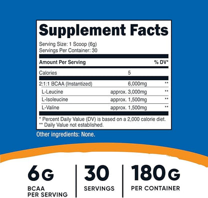 Nutricost BCAA Powder (Unflavored, 30 Servings) - Vegetarian, Non-GMO, Gluten Free, Optimal 2:1:1 Ratio