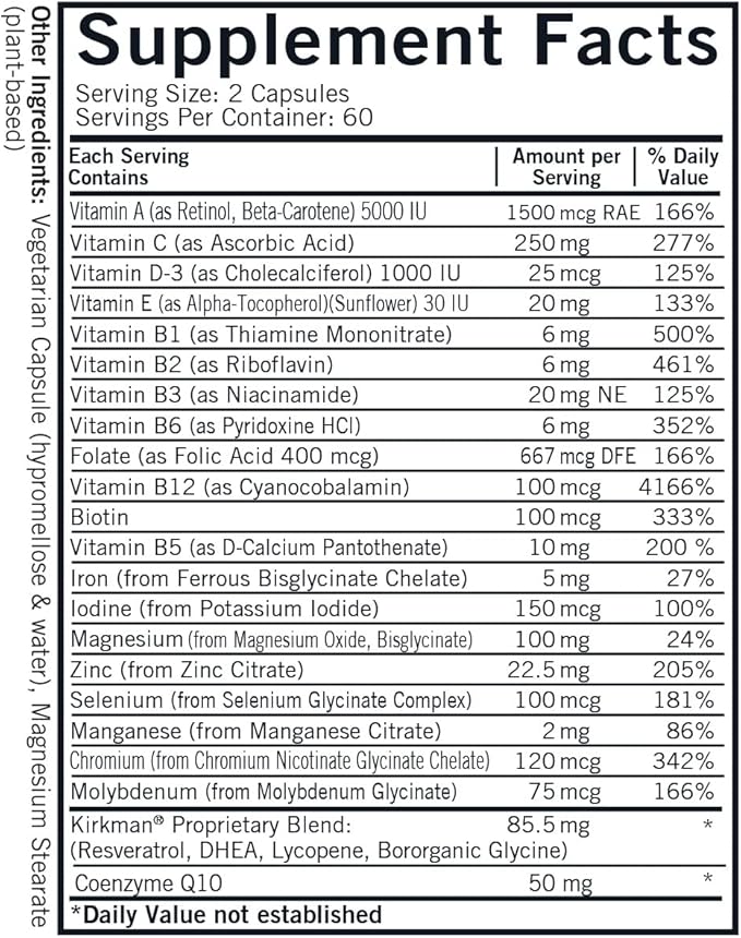 Kirkman 60 to 90 Men’s Multi-Vitamin and Mineral Boost || 120 Vegetarian Capsules || Provides Comprehensive Vitamin and Mineral Support for Senior Men || Gluten and Casein Free