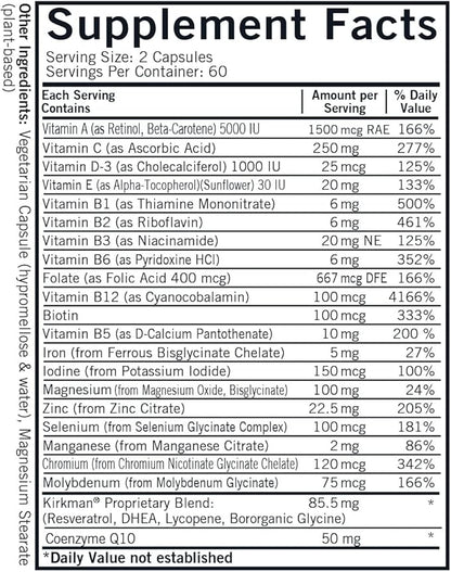Kirkman 60 to 90 Men’s Multi-Vitamin and Mineral Boost || 120 Vegetarian Capsules || Provides Comprehensive Vitamin and Mineral Support for Senior Men || Gluten and Casein Free
