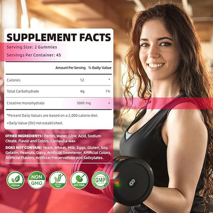 Creatine Monohydrate Gummies for Men & Women-5g of Creatine Monohydrate per Serving - Sugar Free,Vegan, Strawberry Flavor, 180 Count-2pack.