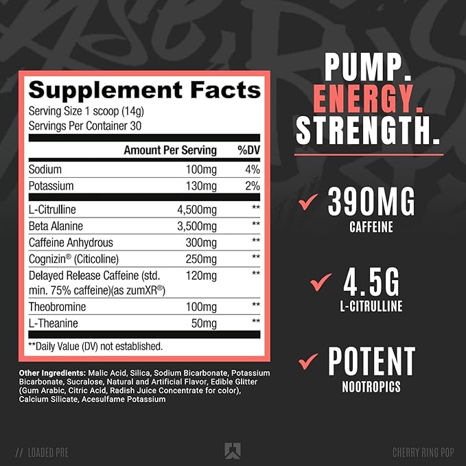 Ryse Loaded Pre Workout Powder Supplement for Men & Women | Pumps, Energy, Focus | Beta Alanine + Citrulline | 390mg Caffeine | 30 Servings (Cherry Ring Pop)