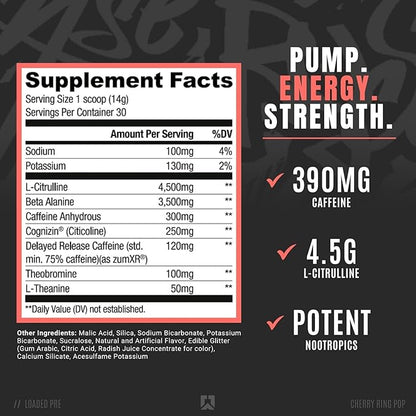 Ryse Loaded Pre Workout Powder Supplement for Men & Women | Pumps, Energy, Focus | Beta Alanine + Citrulline | 390mg Caffeine | 30 Servings (Cherry Ring Pop)