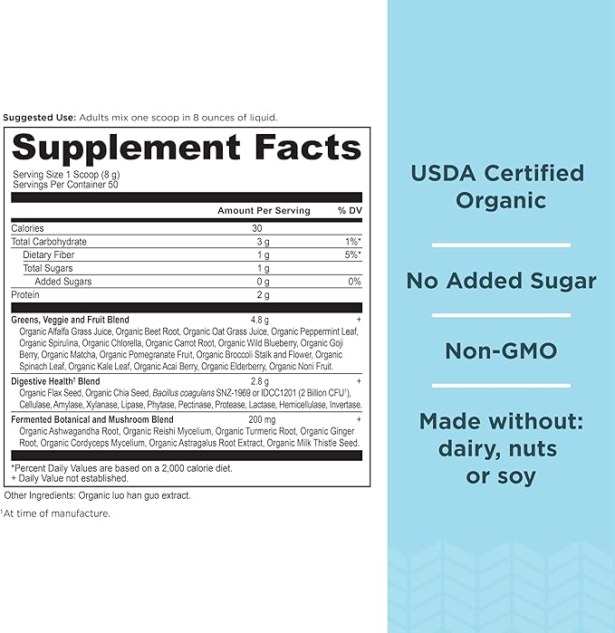 Ancient Nutrition Super Greens Powder, Organic Superfood Powder with Probiotics Made with Spirulina, Chlorella, Matcha, and Digestive Enzymes, 50 Servings, 14.1 oz