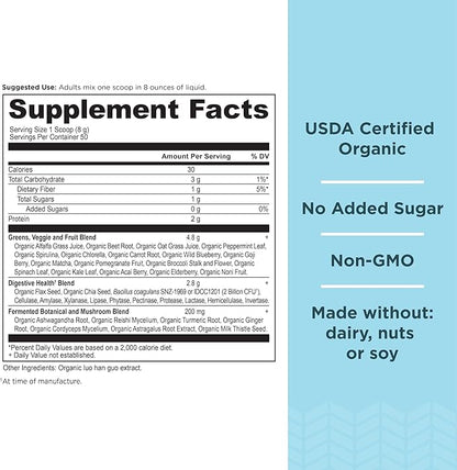Ancient Nutrition Super Greens Powder, Organic Superfood Powder with Probiotics Made with Spirulina, Chlorella, Matcha, and Digestive Enzymes, 50 Servings, 14.1 oz