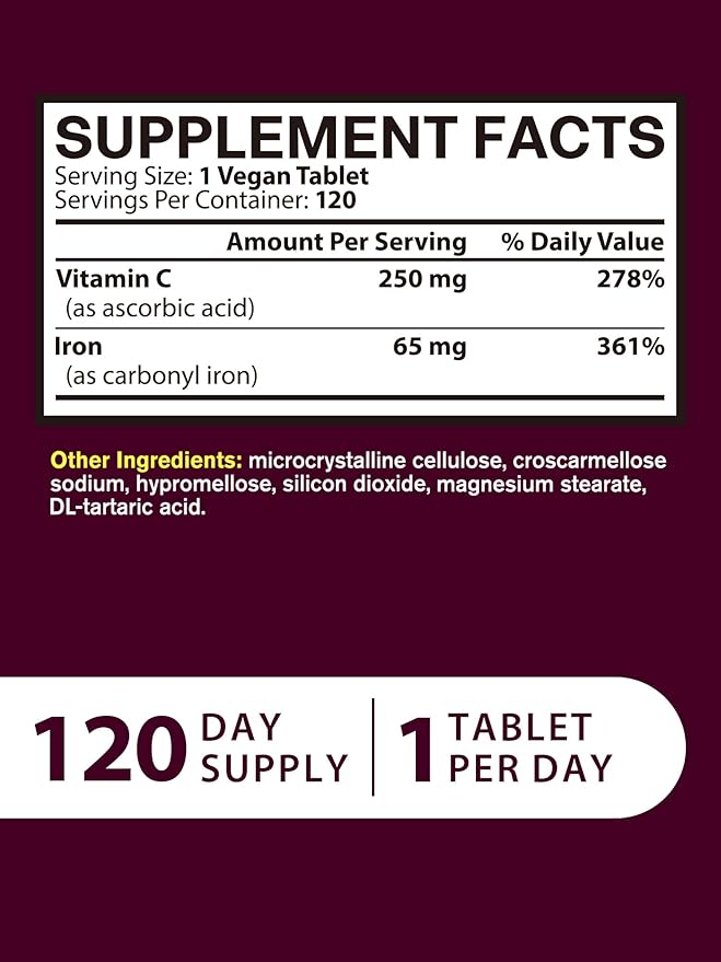 Iron Supplement for Women Men | High Potency Iron 65mg with Vitamin C 250mg | Stomach Friendly Iron Pills for Red Blood Cell & Immune Support | Vegan, Non-GMO & Gluten Free | 120 Iron Tablets