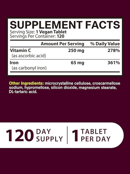 Iron Supplement for Women Men | High Potency Iron 65mg with Vitamin C 250mg | Stomach Friendly Iron Pills for Red Blood Cell & Immune Support | Vegan, Non-GMO & Gluten Free | 120 Iron Tablets