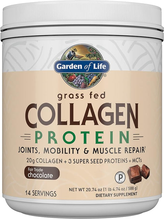 Garden of Life Grass Fed Collagen Protein Powder - Chocolate, 14 Servings, Collagen Powder for Joints Mobility Muscle Repair, Collagen Peptides Super Seeds Coconut MCTs, Keto Collagen Supplements