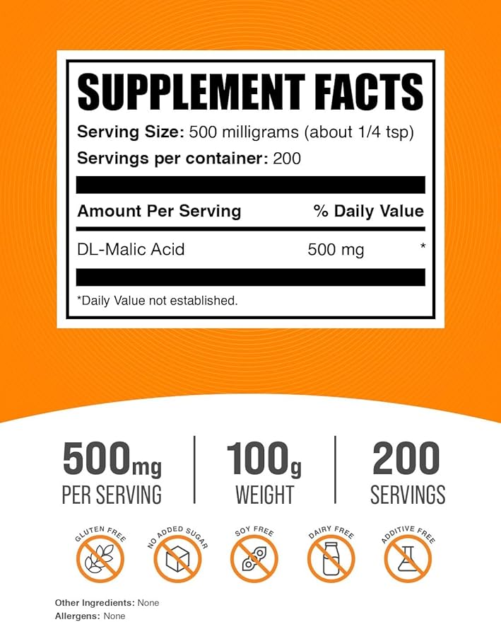 BulkSupplements.com Malic Acid Powder - Malic Acid Supplement, Malic Acid Powder Food Grade - for Energy & Skin Support, Gluten Free - 500mg per Serving, 100g (3.5 oz)