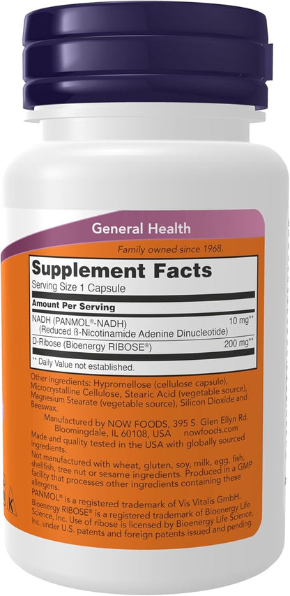 NOW Supplements, NADH (Reduced Nicotinamide Adenine Dinucleotide) 10 mg with 200 mg D-Ribose, 60 Veg Capsules