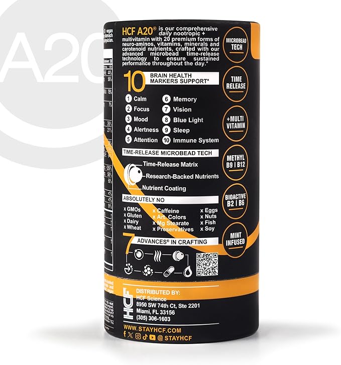 HCF A20 Microbead Brain Supplements for Memory and Focus + Brain Support, Calm, Mood, Alertness, Attention, Vision, Sleep, Immune System, 20 Premium Nootropic Nutrients Multivitamin & 7 Advances® Tech