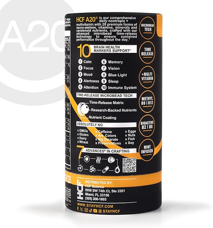 HCF A20 Microbead Brain Supplements for Memory and Focus + Brain Support, Calm, Mood, Alertness, Attention, Vision, Sleep, Immune System, 20 Premium Nootropic Nutrients Multivitamin & 7 Advances® Tech