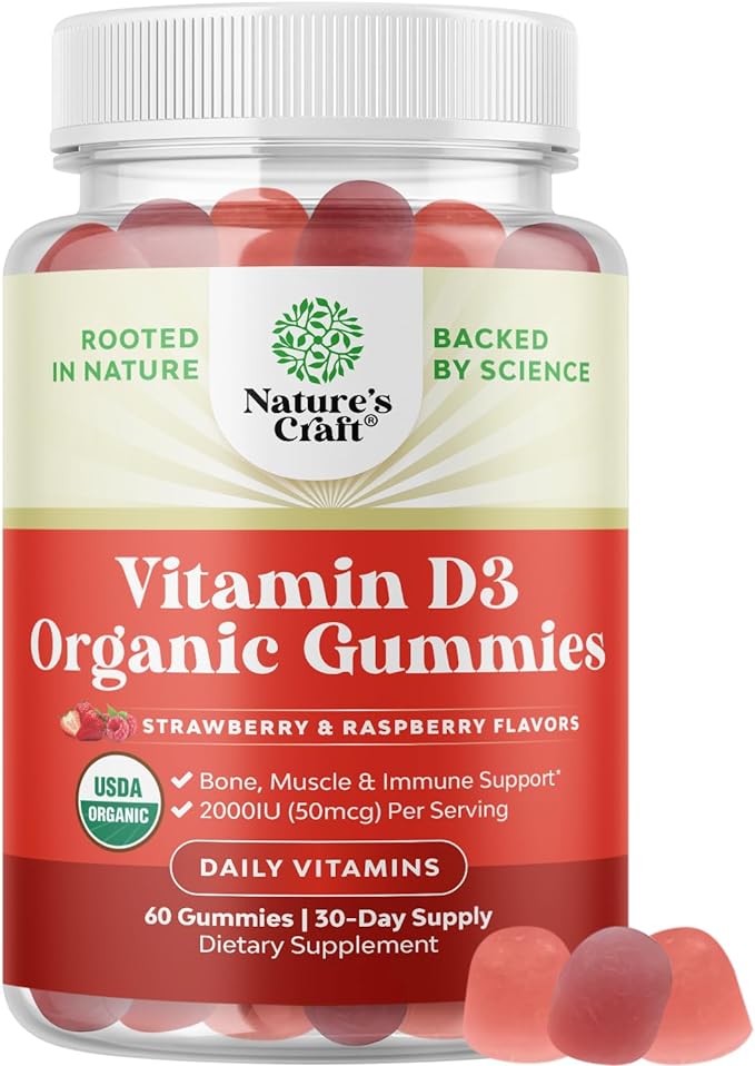 Organic Vitamin D Gummies for Adults - Daily Immune Support Gummies with Vegan Vitamin D3 2000IU - USDA Organic Vitamin D3 Gummies for Adults Wellness - Non GMO Gluten Free - 1 Month Supply