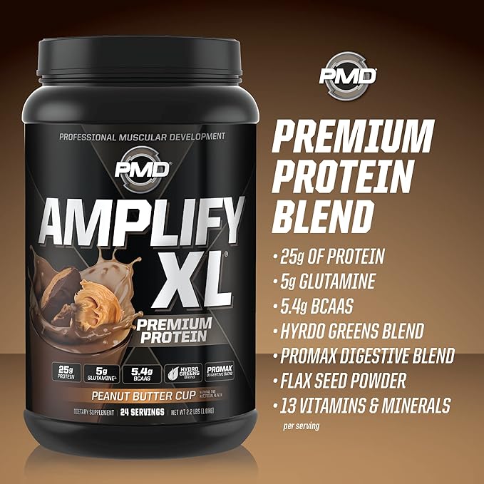 PMD Sports Amplify XL Premium Whey Protein Supplement Hydro Greens Blend - Glutamine and Whey Protein Matrix with Superfood for Muscle, Strength and Recovery - Peanut Butter Cup (24 Servings)