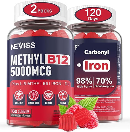 Iron Gummies 18mg+Vitamin B12 5000 mcg for Adults Kids - 4 Months Supply - 98% Purity Carbonyl Iron Supplement for Women Men, w/Folate,D3,B6 for Iron Deficiency&Anemia, Red Blood Cell Formation,Energy