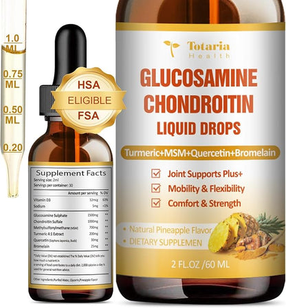 Glucosamine Chondroitin MSM Liquid Drops - FSA HSA Eligible Items List Chondroitin Sulfate Supplement Turmeric, Quercetin, Bromelain, MSM Oil Support Joint Health Vegan Supplements