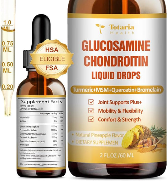 Glucosamine Chondroitin MSM Liquid Drops - FSA HSA Eligible Items List Chondroitin Sulfate Supplement Turmeric, Quercetin, Bromelain, MSM Oil Support Joint Health Vegan Supplements