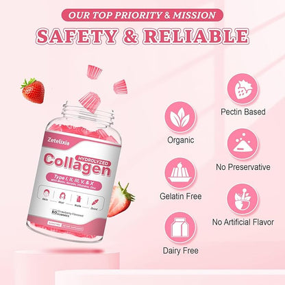 Sugar Free Collagen Gummies for Women Men, 5000mg Hydrolyzed Collagen Peptide I,II,III,V,X with 15000mcg Biotin, Keratin, Vitamin C A B D E for Skin Hair Nails Joints, Immunity Energy Digestion