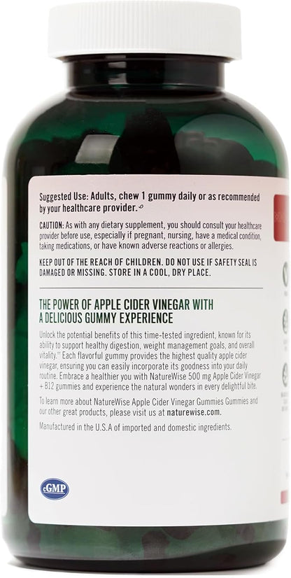 NatureWise Apple Cider Vinegar Gummies - 500mg ACV Gummies with Vitamin B12 - Apple-Pineapple Flavor - Support for Energy & Gut Health - Vegan, Gluten-Free, Non-GMO - 180 Gummies[6-Month Supply]