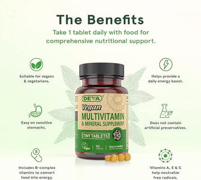 DEVA Tiny Tablets Vegan Multivitamins for Women & Men, Multivitamin with Iron, Mineral Supplement, Vitamin C, Vitamin B Complex, Vitamin B12, Vitamin E, Zinc, Gluten Free, 90 Tablets (Pack of 2)