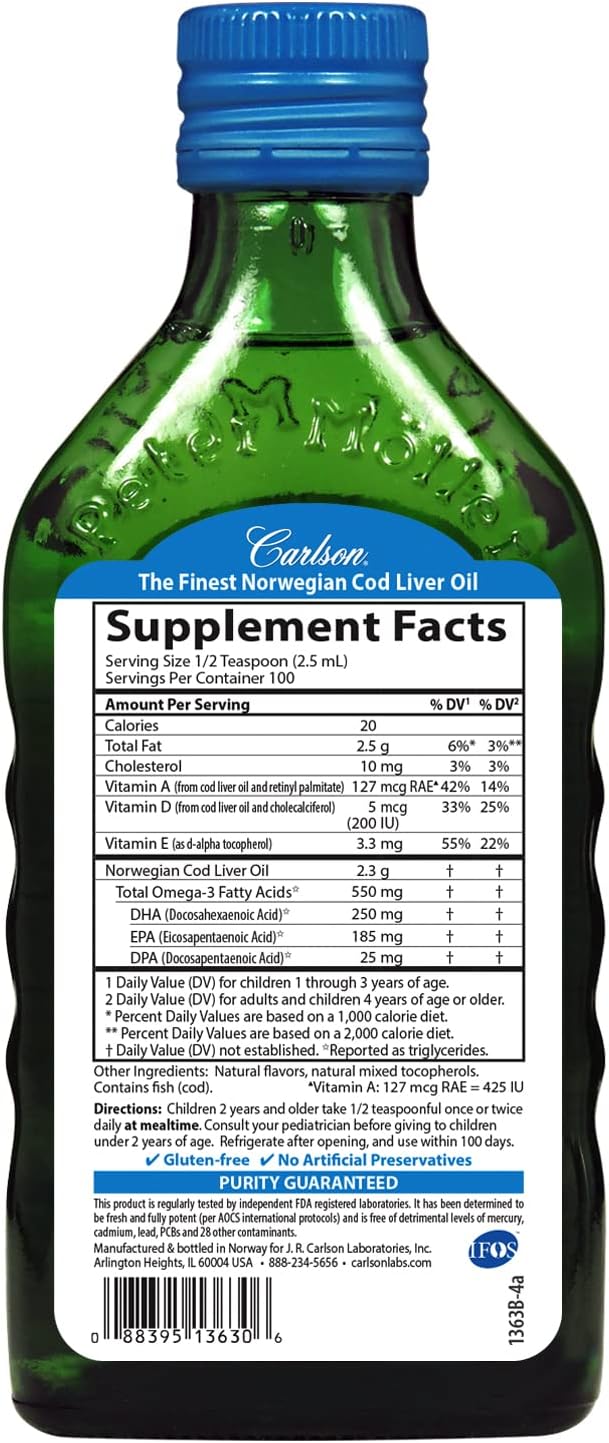 Carlson - Kid's Cod Liver Oil, 550 mg Omega-3s, Vitamins A & D3, Wild Norwegian, Bubble Gum, 250 mL