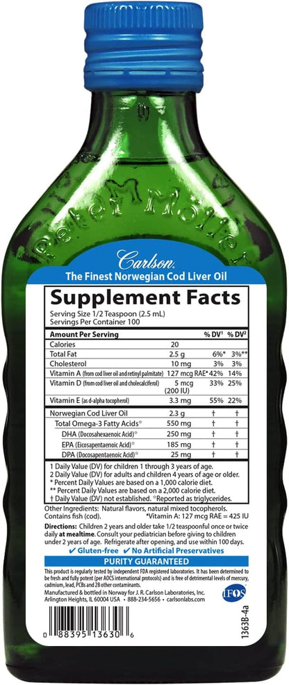 Carlson - Kid's Cod Liver Oil, 550 mg Omega-3s, Vitamins A & D3, Wild Norwegian, Bubble Gum, 250 mL