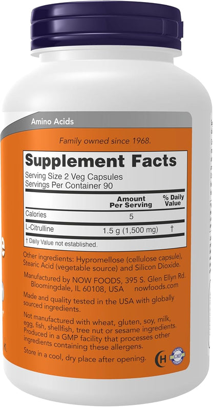 NOW Foods Supplements, L-Citrulline 750 mg, Supports Protein Metabolism*, Amino Acid, 180 Veg Capsules