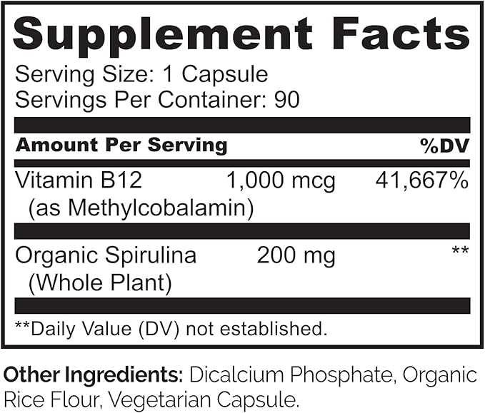 NATURELO Vegan B12 - Methyl B12 with Organic Spirulina - High Potency Vitamin B12 1000 mcg Methylcobalamin - Supports Healthy Mood, Energy, Heart & Eye Health - 90 Capsules