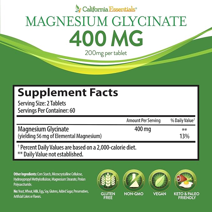 Magnesium Glycinate 400 - Chelated, High Absorption Magnesium for Muscle Relief, Bone & Heart Support -Vegan, Non-GMO, Gluten-Free 120 Tablets (Servings 60, Serving Size (2) 200mg Tablets)