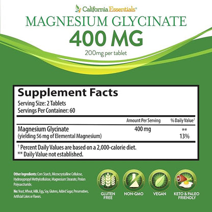 Magnesium Glycinate 400 - Chelated, High Absorption Magnesium for Muscle Relief, Bone & Heart Support -Vegan, Non-GMO, Gluten-Free 120 Tablets (Servings 60, Serving Size (2) 200mg Tablets)