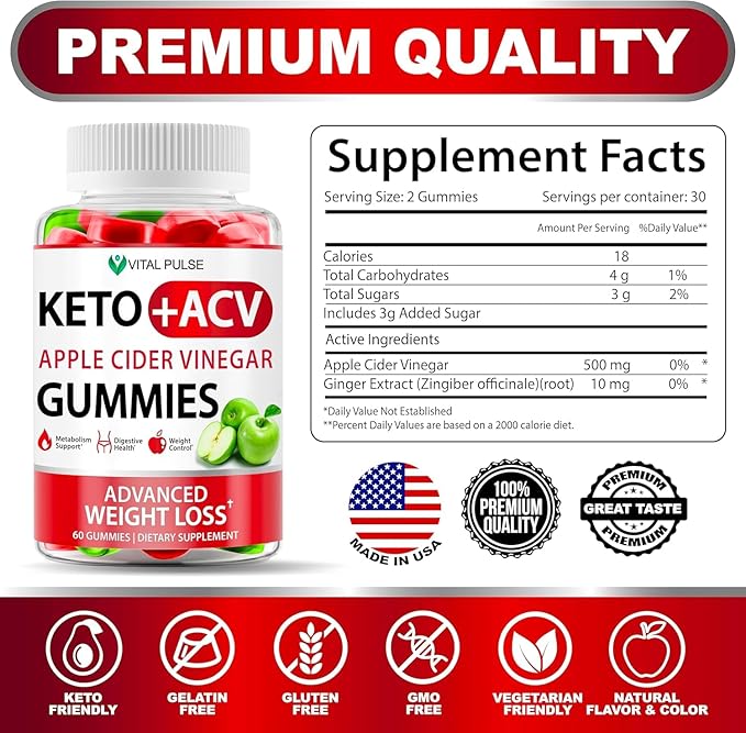 Keto ACV Gummies with Immune Support & Digestive Health - Natural, Non-GMO, Gluten-Free - USA Made