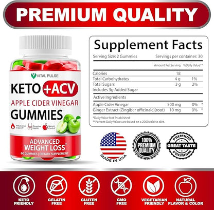 Keto ACV Gummies with Immune Support & Digestive Health - Natural, Non-GMO, Gluten-Free - USA Made