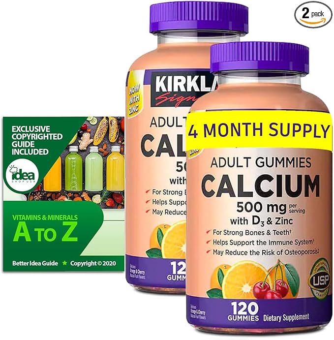 Kirkland Signature Calcium Gummies 500 mg with D3 & Zinc, Bone Health, 120 Gummies (2 Pack) Bundle with Exclusive Vitamins & Minerals - A to Z - Better Idea Guide