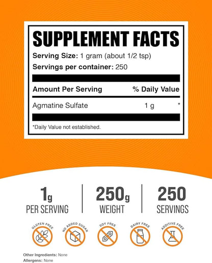 BulkSupplements.com Agmatine Sulfate Powder - Nitric Oxide Supplement, Agmatine Sulfate 1000mg - Unflavored & Gluten Free, 1000mg per Serving, 250g (8.8 oz) (Pack of 1)