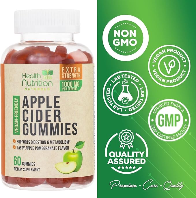Vegan Apple Cider Vinegar Gummies | Max Strength 1000mg | ACV Supplement Gummy Vitamins for Adults, Supports Digestion, Metabolism, Natural Apple Flavor with Mother, Gluten Free, Non-GMO - 60 Gummies