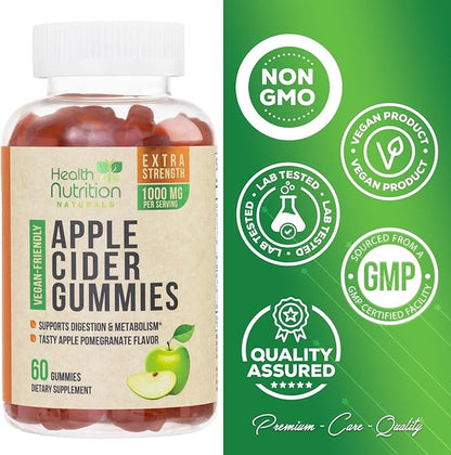 Vegan Apple Cider Vinegar Gummies | Max Strength 1000mg | ACV Supplement Gummy Vitamins for Adults, Supports Digestion, Metabolism, Natural Apple Flavor with Mother, Gluten Free, Non-GMO - 60 Gummies