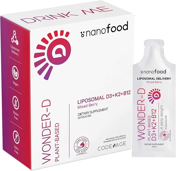 Codeage Liposomal Vitamin D3 Liquid Supplement Sachet, Wonder-D Cholecalciferol Vegan Liquid Multivitamin, Plant-Based Vitamins K2 B12, Non-GMO Phospholipids, Vitamin E, Berry Flavor - 30 Pouches