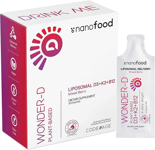 Codeage Liposomal Vitamin D3 Liquid Supplement Sachet, Wonder-D Cholecalciferol Vegan Liquid Multivitamin, Plant-Based Vitamins K2 B12, Non-GMO Phospholipids, Vitamin E, Berry Flavor - 30 Pouches