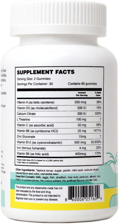 MEWD Adult Daily Multivitamin Gummy which Includes L-Theanine, Iron, Essential Vitamins, Vegan, Gluten Free, 60 Count