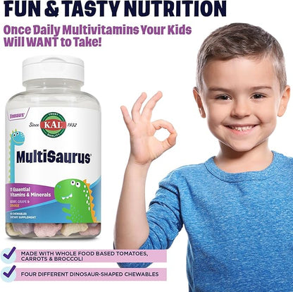 KAL MultiSaurus Kids Chewable Multivitamins, 11 Essential Vitamins and Minerals for Kids, Berry, Grape, Orange Chewables, Gluten and Fructose Free, 90 Servings, 90 Dinosaur-Shaped Chewables