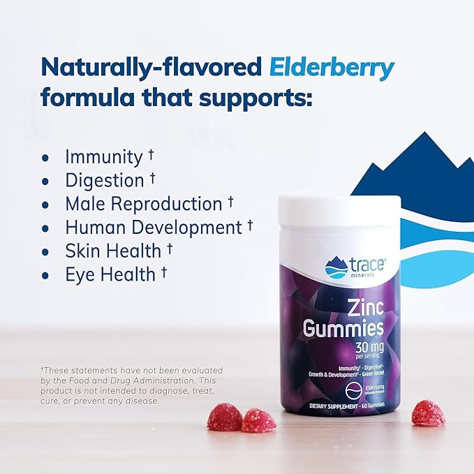 Trace Minerals Zinc Gummies - Chewable Zinc Supplement with Elderberry - Supports Immune System Health - Supplement to Aid Healthy Digestion & Development - Elderberry, 60 Gummies (30 Servings)