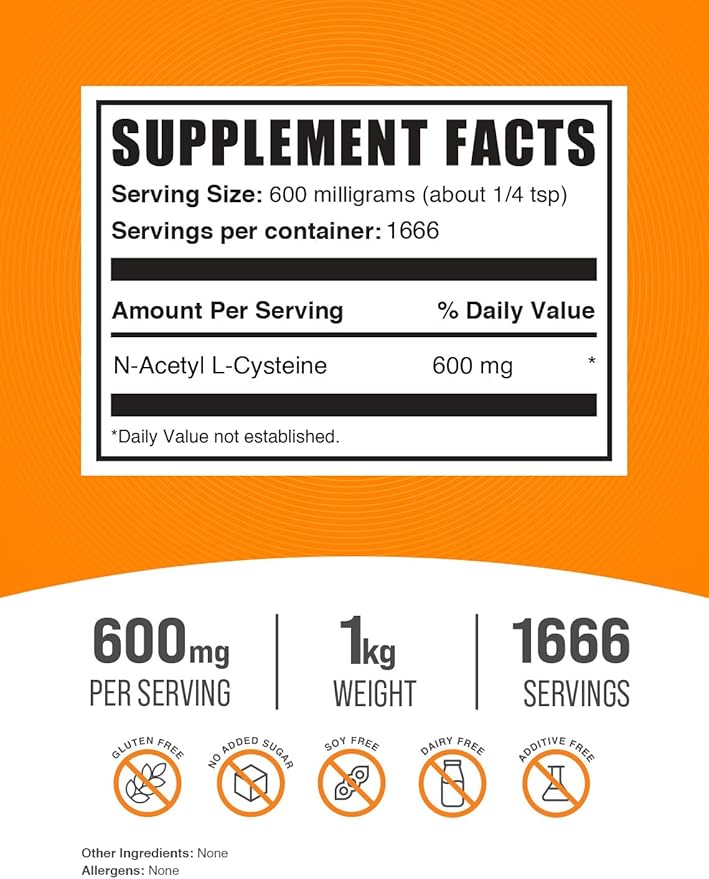 BulkSupplements.com NAC Powder - N-Acetyl Cysteine 600mg, NAC Supplement - Antioxidant Support, Gluten Free - 600mg per Serving, 1666 Servings, 1kg (2.2 lbs) (Pack of 1)