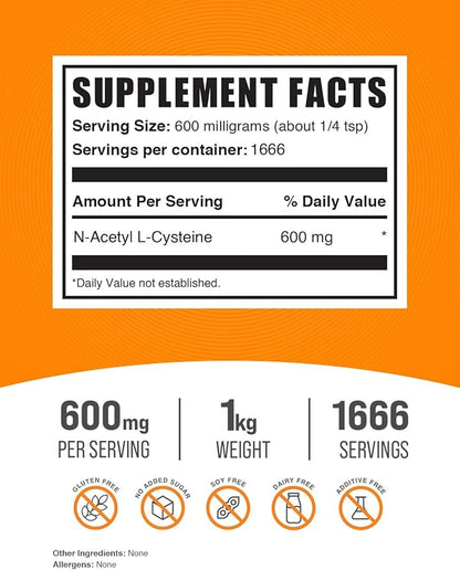 BulkSupplements.com NAC Powder - N-Acetyl Cysteine 600mg, NAC Supplement - Antioxidant Support, Gluten Free - 600mg per Serving, 1666 Servings, 1kg (2.2 lbs) (Pack of 1)