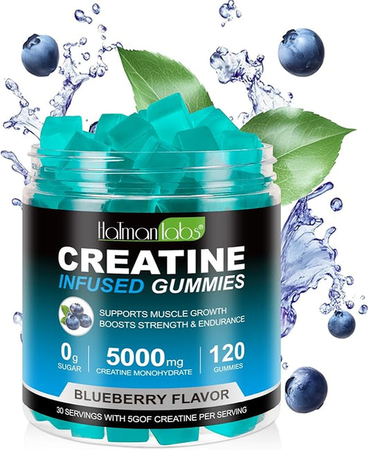 Creatine Monohydrate Gummies for Men & Women - 5g per Serving, Low Sugar Creatine Monohydrate Gummies - Increase Strength, Muscle Gain, Recovery, Endurance - Vegan, Gluten-Free,Blueberry (120 Count)
